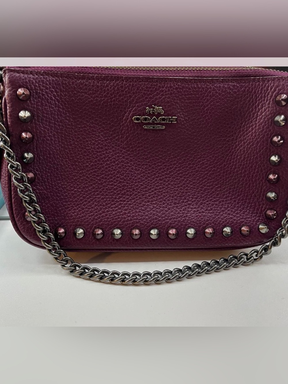 Coach Nolita Pebbled Leather Studded Mini Shoulder Bag - Plum